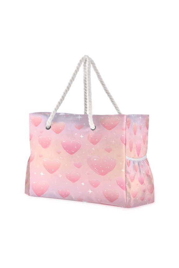 20.5"x15" Large Beach Tote Bag with Rope Handles, Waterproof Nylon, Zipper Closure, Multi-Pockets for Travel, Pool & Daily Use Soft Pink Sparkle Tapestry