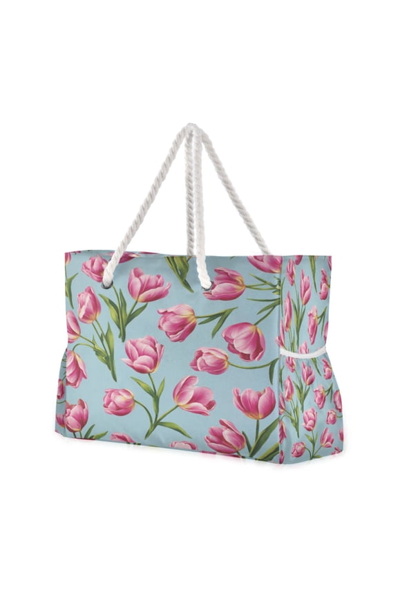 20.5"x15" Large Beach Tote Bag with Rope Handles, Waterproof Nylon, Zipper Closure, Multi-Pockets for Travel, Pool & Daily Use Spring Tulip Floral Design