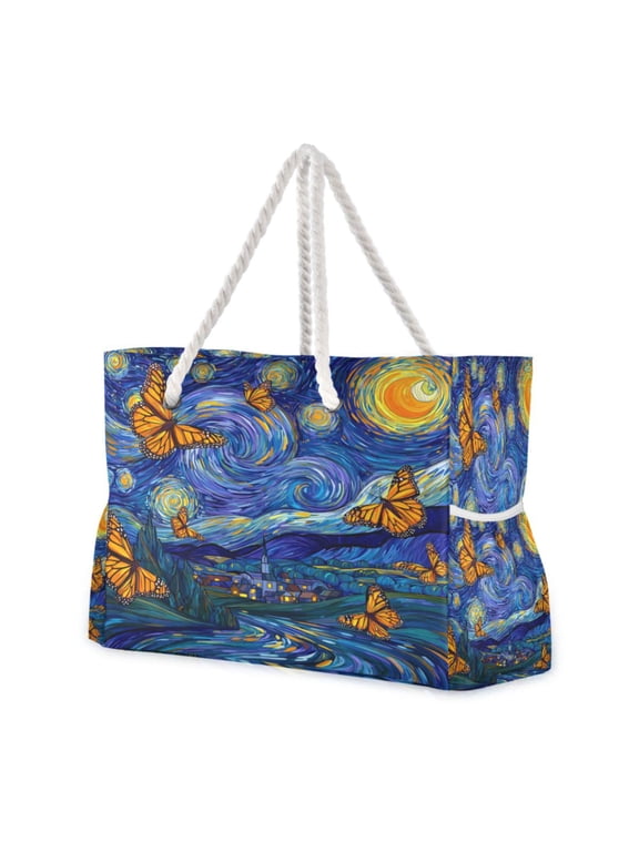 20.5"x15" Large Beach Tote Bag with Rope Handles, Waterproof Nylon, Zipper Closure, Multi-Pockets for Travel, Pool & Daily Use Starry Monarch Butterflies
