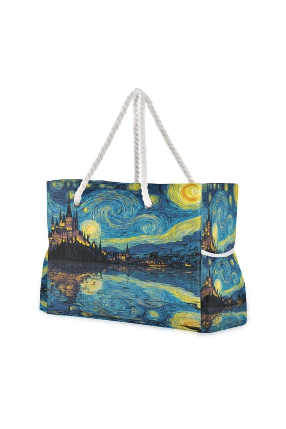 20.5"x15" Large Beach Tote Bag with Rope Handles, Waterproof Nylon, Zipper Closure, Multi-Pockets for Travel, Pool & Daily Use Starry Night Style Castle Lake