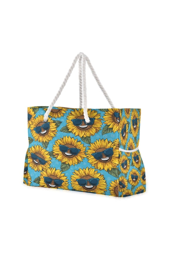 20.5"x15" Large Beach Tote Bag with Rope Handles, Waterproof Nylon, Zipper Closure, Multi-Pockets for Travel, Pool & Daily Use Sunglasses Smiley Sunflowers