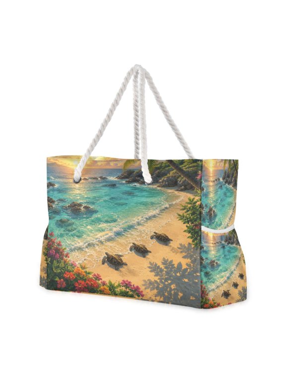 20.5"x15" Large Beach Tote Bag with Rope Handles, Waterproof Nylon, Zipper Closure, Multi-Pockets for Travel, Pool & Daily Use Tropical Shore Sunset Turtles
