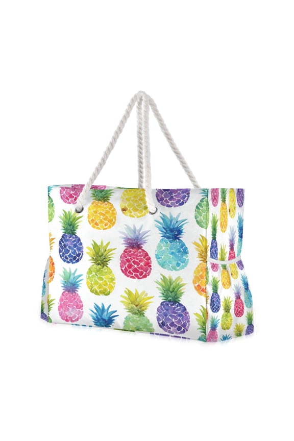 20.5"x15" Large Beach Tote Bag with Rope Handles, Waterproof Nylon, Zipper Closure, Multi-Pockets for Travel, Pool & Daily Use Vibrant Watercolor Pineapples