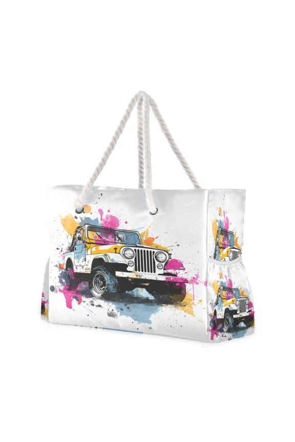 20.5"x15" Large Beach Tote Bag with Rope Handles, Waterproof Nylon, Zipper Closure, Multi-Pockets for Travel, Pool & Daily Use Wet Watercolor Jeep Pattern