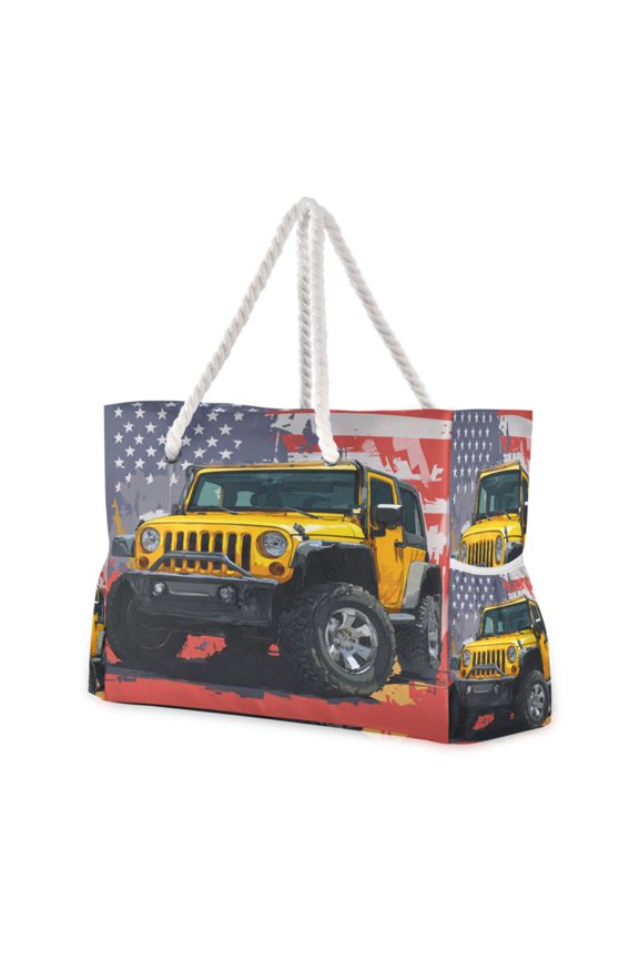 20.5"x15" Large Beach Tote Bag with Rope Handles, Waterproof Nylon, Zipper Closure, Multi-Pockets for Travel, Pool & Daily Use Yellow Jeep Car Pattern
