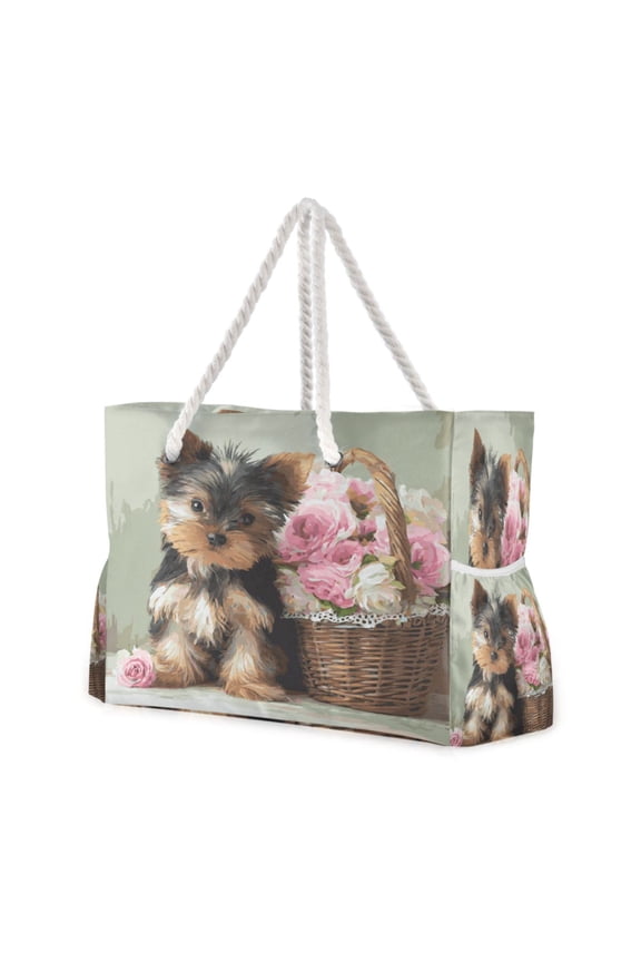 20.5"x15" Large Beach Tote Bag with Rope Handles, Waterproof Nylon, Zipper Closure, Multi-Pockets for Travel, Pool & Daily Use Yorkshire Terrier and Flower Basket