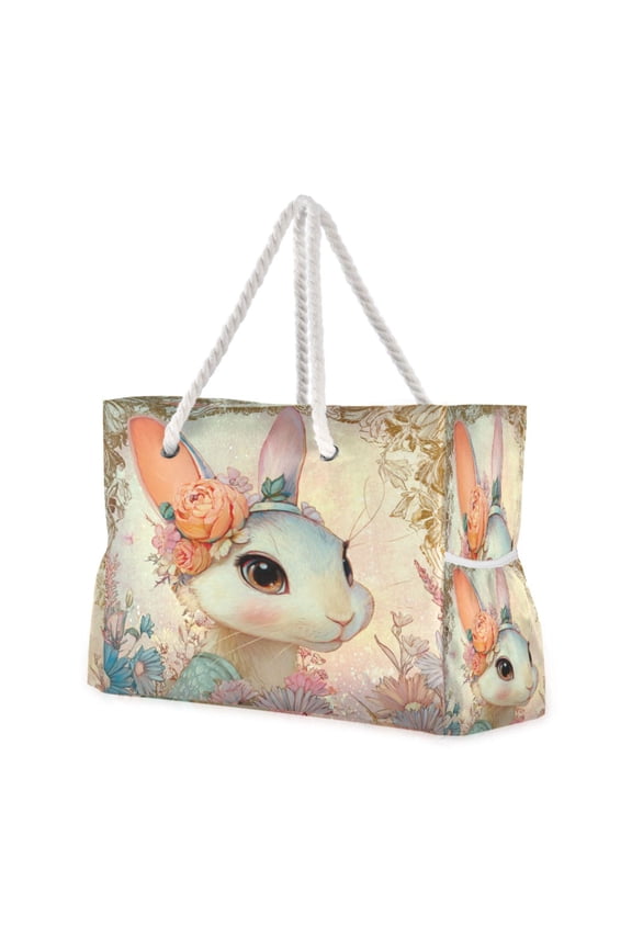 20.5"x15" Large Beach Tote Bag with Rope Handles, Waterproof Nylon, Zipper Closure, Multi-Pockets for Travel, Pool & Daily Use Beautiful Bunny