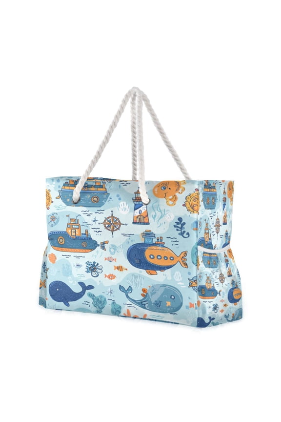 20.5"x15" Large Beach Tote Bag with Rope Handles, Waterproof Nylon, Zipper Closure, Multi-Pockets for Travel, Pool & Daily Use Cartoon Ocean World