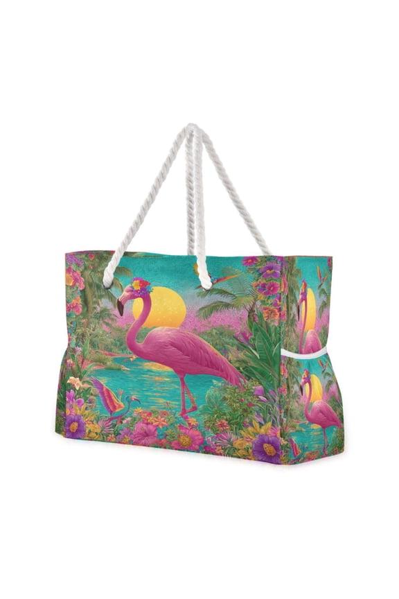 20.5"x15" Large Beach Tote Bag with Rope Handles, Waterproof Nylon, Zipper Closure, Multi-Pockets for Travel, Pool & Daily Use Flamingo Resort Style