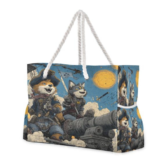 20.5"x15" Large Beach Tote Bag with Rope Handles, Waterproof Nylon, Zipper Closure, Multi-Pockets for Travel, Pool & Daily Use Fox Wars