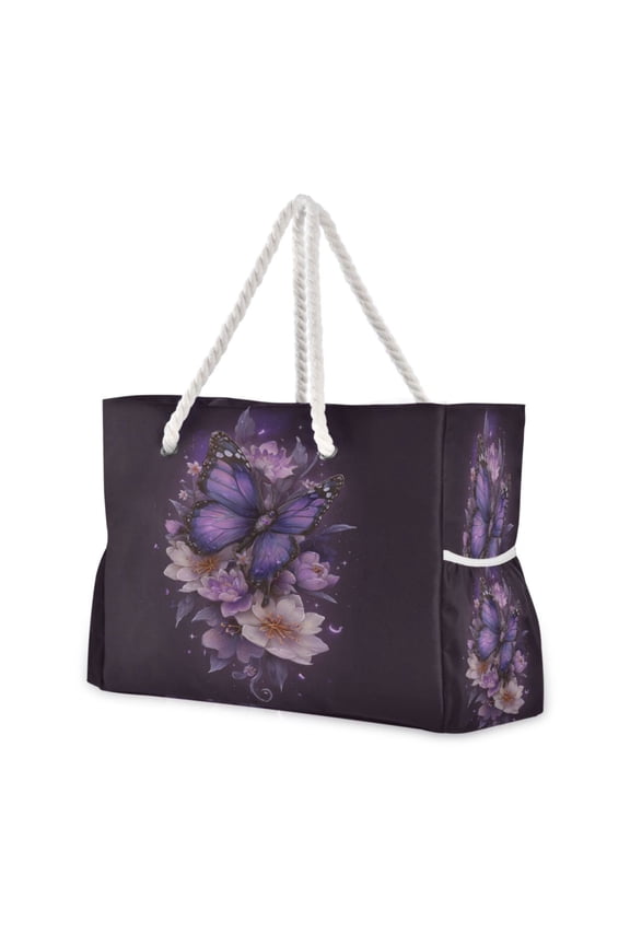 20.5"x15" Large Beach Tote Bag with Rope Handles, Waterproof Nylon, Zipper Closure, Multi-Pockets for Travel, Pool & Daily Use Midnight Violet Wings