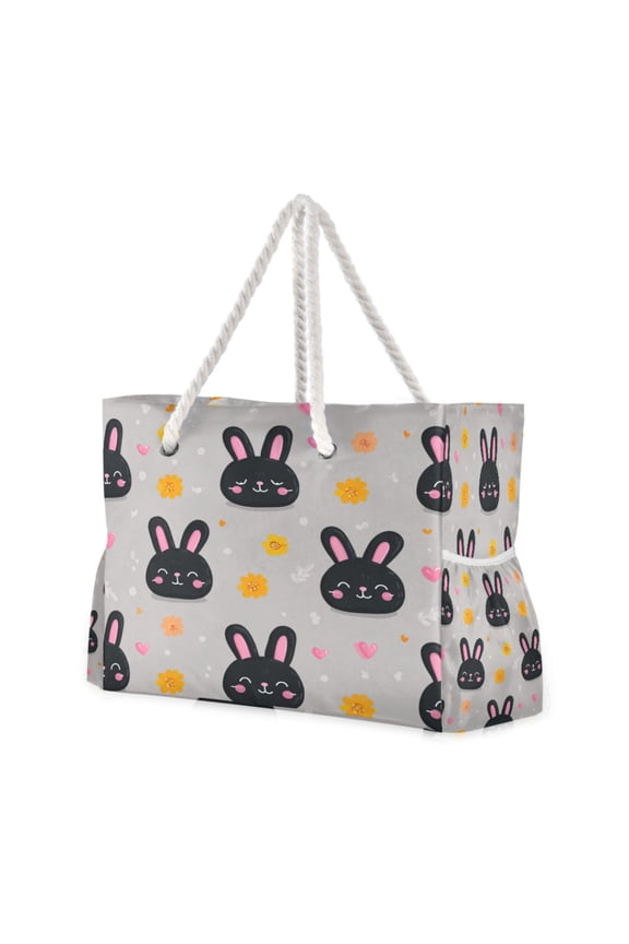20.5"x15" Large Beach Tote Bag with Rope Handles, Waterproof Nylon, Zipper Closure, Multi-Pockets for Travel, Pool & Daily Use Midnnight Buny Smile
