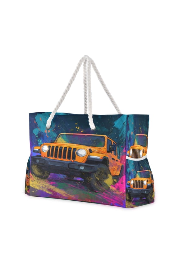 20.5"x15" Large Beach Tote Bag with Rope Handles, Waterproof Nylon, Zipper Closure, Multi-Pockets for Travel, Pool & Daily Use Neon Jeep Illustration