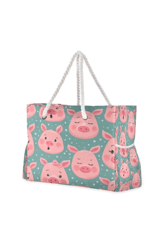 20.5"x15" Large Beach Tote Bag with Rope Handles, Waterproof Nylon, Zipper Closure, Multi-Pockets for Travel, Pool & Daily Use Piggy Moods Pattern