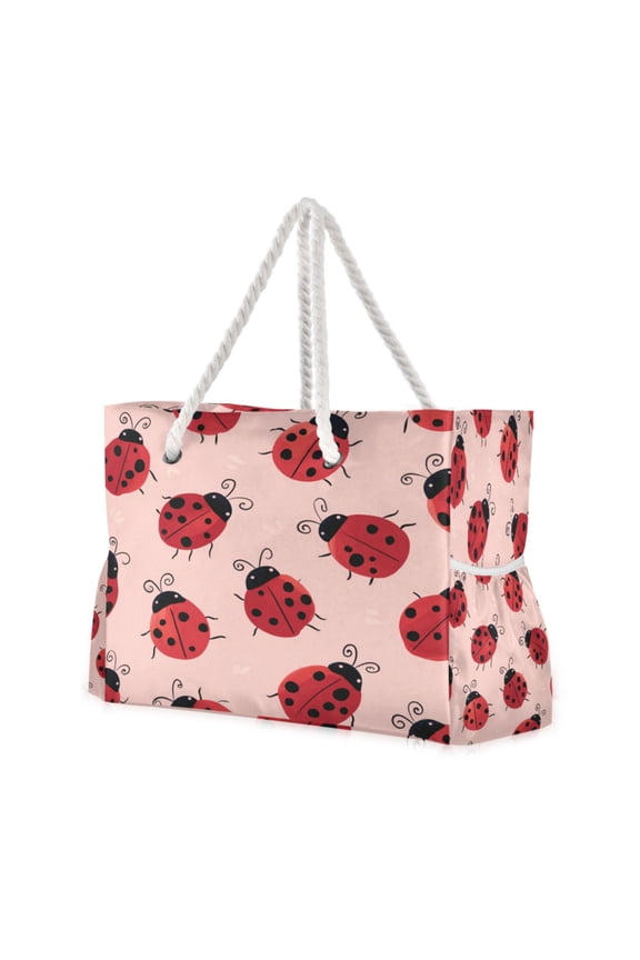 20.5"x15" Large Beach Tote Bag with Rope Handles, Waterproof Nylon, Zipper Closure, Multi-Pockets for Travel, Pool & Daily Use Pink Ladybug Print