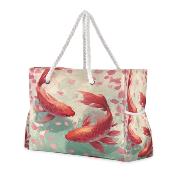 20.5"x15" Large Beach Tote Bag with Rope Handles, Waterproof Nylon, Zipper Closure, Multi-Pockets for Travel, Pool & Daily Use Red Koi Harmony