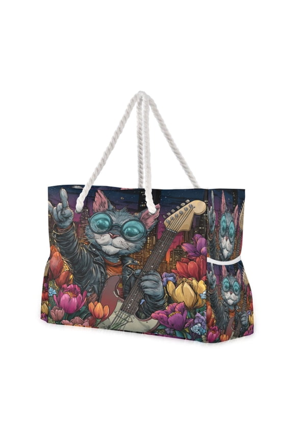 20.5"x15" Large Beach Tote Bag with Rope Handles, Waterproof Nylon, Zipper Closure, Multi-Pockets for Travel, Pool & Daily Use Rockstar Cat