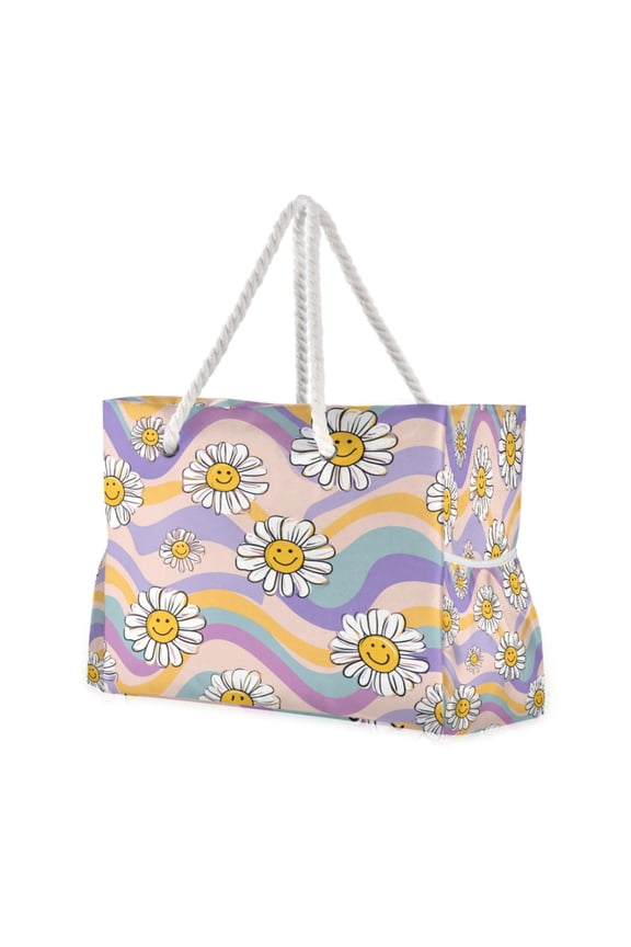 20.5"x15" Large Beach Tote Bag with Rope Handles, Waterproof Nylon, Zipper Closure, Multi-Pockets for Travel, Pool & Daily Use Smiley Faces