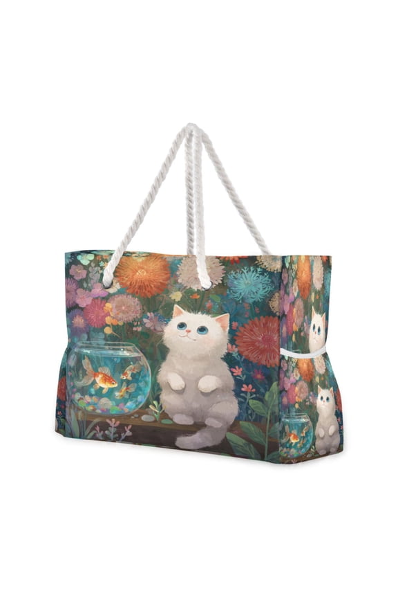20.5"x15" Large Beach Tote Bag with Rope Handles, Waterproof Nylon, Zipper Closure, Multi-Pockets for Travel, Pool & Daily Use White Cat and Goldfish