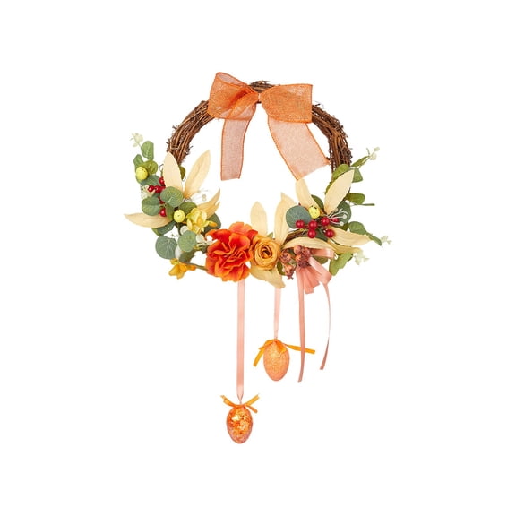 20.5"x8.3" Orange Artifical Easter Wreath for Front Door or Indoor, Wall Decor, with Pastel Orange Bow, Flower, Egg Weaving Spring Easter Flower Wreath