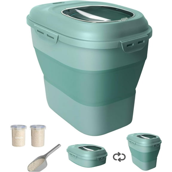 20-50 Lbs Food Storage Containers,Collapsible Rice Container with Wheel Airtight Locking Lid,Flour Storage Container with Small Food Jar and Scoop,Suitable for Food,Rice,Pet Food,Flour