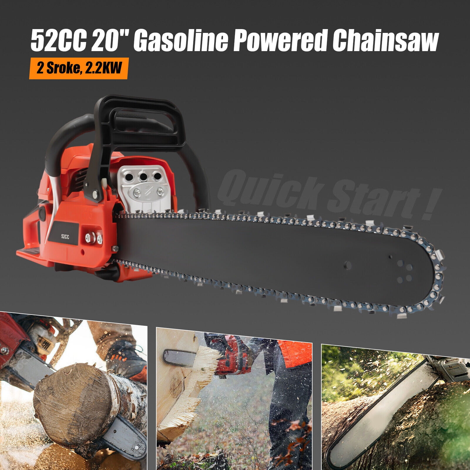 20'' 52cc Gas Powered Chainsaw 2Stroke Engine Handheld Petrol Gasoline Chain Saw