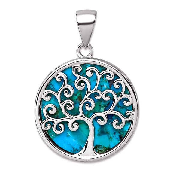 20.5mm 925 Sterling Silver Rhodium Plated Compressed Simulated Turquoise Tree Of Life Pendant Necklace Pendant for Women