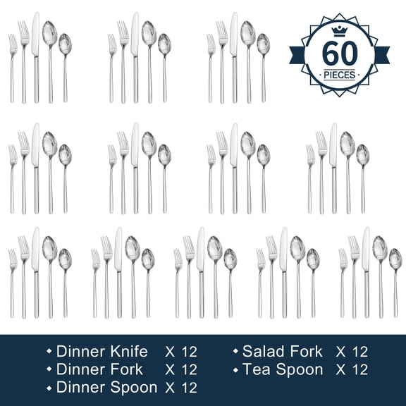 20 60Pcs Stainless Steel Cutlery Set, Modern Western Flatware with Steak Knives, Salad Forks Dessert Spoons, Ideal for Home, Restaurant, Hotel, Wedding, Camping Party Gift