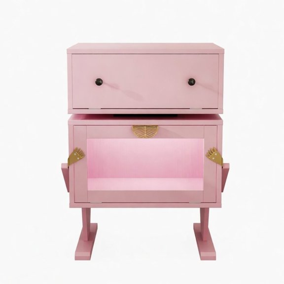20.7" Wide End Table, Pink Robot LED Nightstand with 360° Rotating Drawer