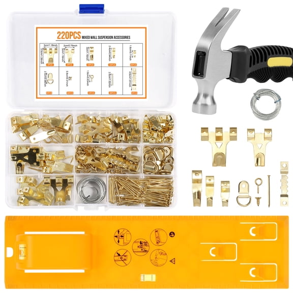20-75 lbs Picture Hanging Kit Include Tool with Level/ Picture Hanging Hardware/ Small Hammer for Easy Hang and Level for Photo and Frame,220 Pack