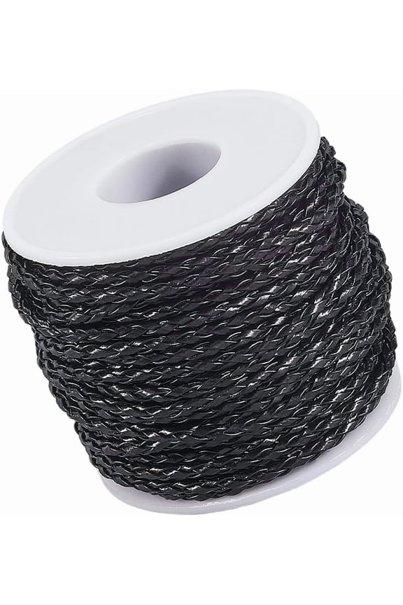 20.78 Yard Leather Cord 3MM Black Round Woven PU Leather Folded Bolo Tie String Lace Cording Rope Braiding Strip Threadfor Jewelry Making Crafts Necklace Bracelets Beading for DIY
