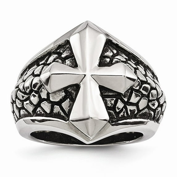 20.7mm Stainless Steel Antiqued Cross and Caviar Ring - Size 9