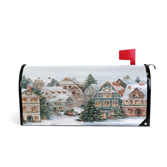20.7x18.03" Magnetic PVC Mailbox Cover Letter Box Cover Mailbox Wraps Post for Holiday Garden Yard Decor Cozy Winter Town with Snow