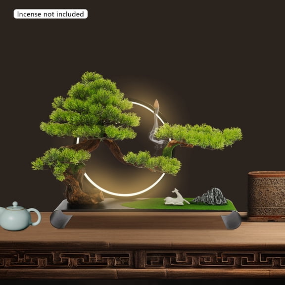 20.8*4.7*16.5in Green+Black Zen Artificial Pine Tree with Lamp Rings Decoration for Backflow Incense 110V