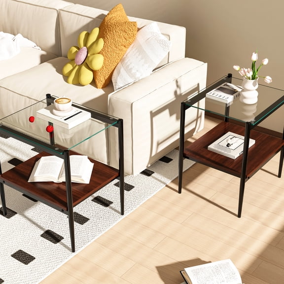 20.82"h End Table With Tempered Glass & , Home Furnishing Element Pair, Storage Elegant Design
