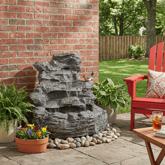 20.86" H 4-Tier Outdoor Water Fountain with Cascading Waterfall,Outdoor Fountain with LED Light,Natural Looking Stone and Soothing Sound for Decor on Lawn,Garden,Gray
