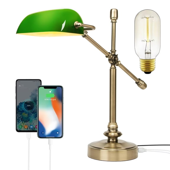20.86"H Green Glass Swing Arm Bankers Desk Lamp with Touch Control & USB Type-C Charging ports