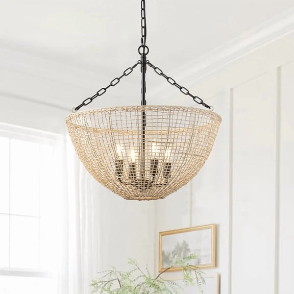 20.87" Pendant Light, Boho Ratten Hanging Ceiling Light with Adjustable Chain for Farmhouse, Living Room