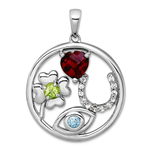 20.8mm Ss Rhodium Plated Polished Multi Gemstone Good Luck Pendant Necklace Pendant for Women