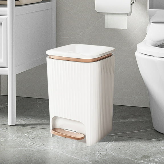 Under $20 9/12 Liter Large Capacity Trash Can Square Plastic Garbage Can with Lid, Step Pedal Trash Can for Living Room, Bedroom, Kitchen, Bathroom(White + Gold, 12L)