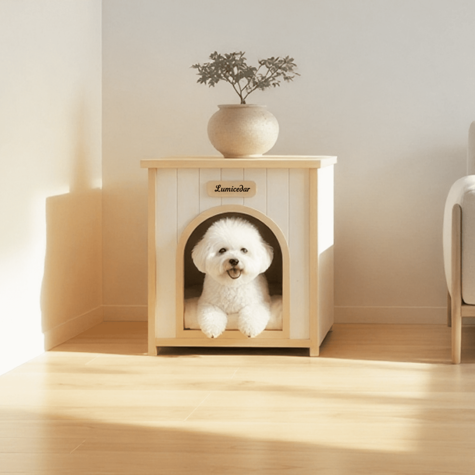 20.9'' Solid Wood Pet House,Cream White&Light Yellow Indoor Pet Shelter with Removable Cushion for Small Dogs,Cream White+Light Yellow