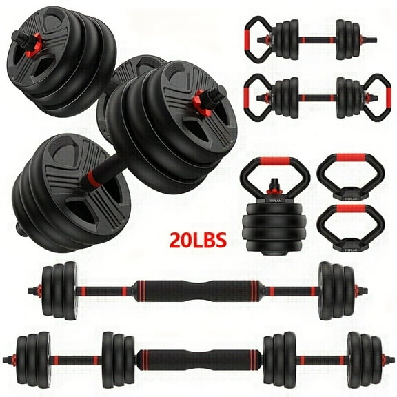 [20-90 lbs] Adjustable Dumbbell Set with Connector - 4-in-1 Home Gym (Barbell/Kettlebell/Push-Up Stand), Heavy Duty Weights & Sturdy Stand for Squats/Deadlifts