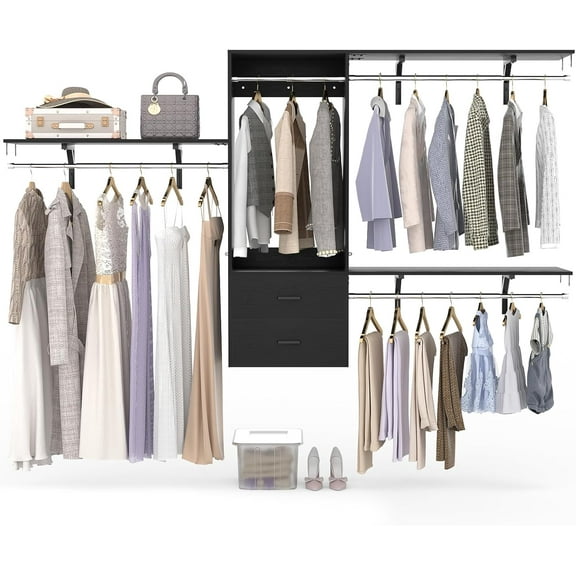 20'' - 96'' Closet System Wall Mounted, iSunirm Clothes Organizer System with 2 Wooden Drawers and 4 Hanging Rods, Wardrobe Closet System for Bedroom/Closet, 96"L x 16"W x 58"H, Black