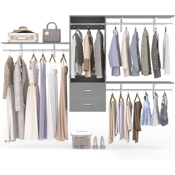 20'' - 96'' Closet System Wall Mounted, iSunirm Clothes Organizer System with 2 Wooden Drawers and 4 Hanging Rods, Wardrobe Closet System for Bedroom/Closet, 96"L x 16"W x 58"H, White Oak