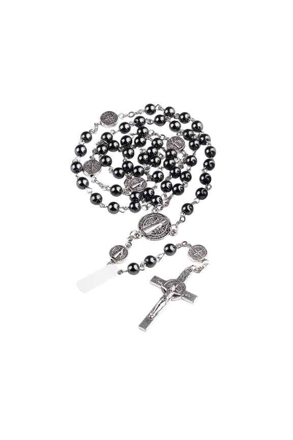 20.9in Natural Black Obsidian Bead Necklace With Cross Pendant - Religious Communion Long Rosary Chain For Easter Gift