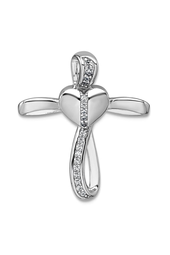 20.9mm 925 Sterling Silver Rhodium Plat Polished Cubic Zirconia Love Heart Religious Faith Cross Chain Slide Pendant Cha