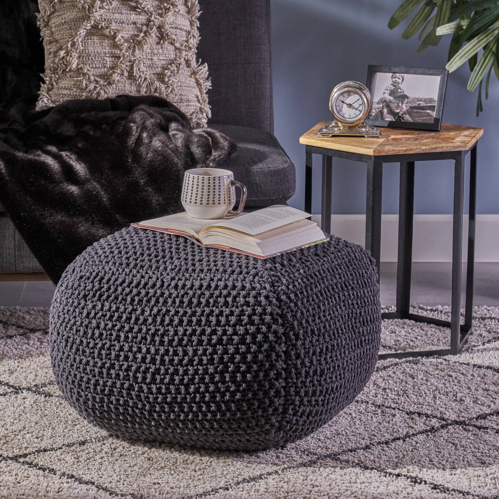 20 Accent Cotton Pouf Cube Modern Multi Function Footstool Lounge Simple Small Seat for Living Room Bedroom Study Dark Grey