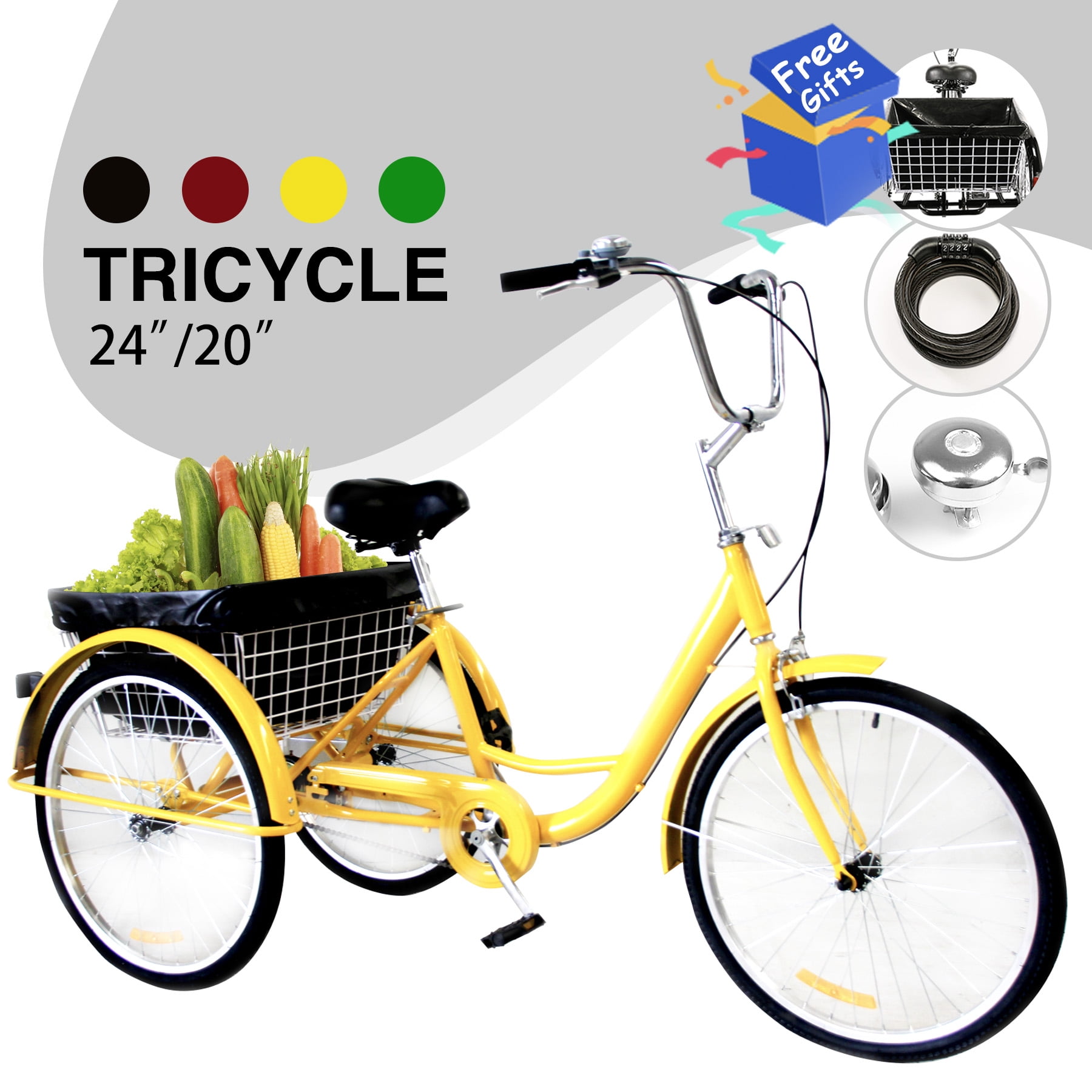 20" Adult Tricycle w/ Large Basket Bell Lock Brake Fender Lock & dust bag YELLOW