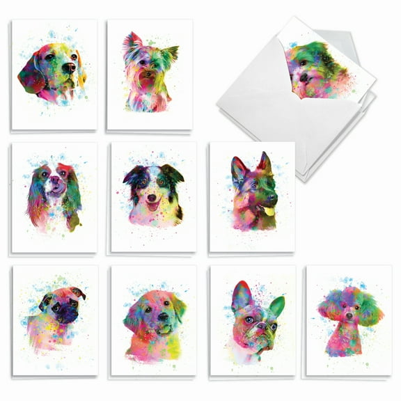 20 All Occasion Blank Cards Assorted (10 Designs, 2 Each) - Funky Rainbow Dogs All Occasion (4" x 5.12") AM7162OCB-B2x10