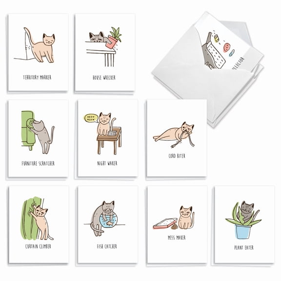 The Best Card Company 20 Assorted Blank All Occasions Notes Pack Set 4x5.12 w/ Envelopes, 10x2 Designs, For Men, Women, Mischief Cats AM9169OCB-B2x10